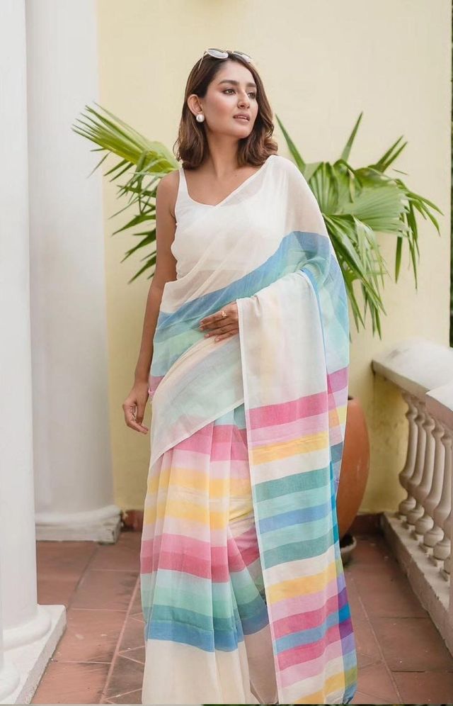 White Colour Linen Cotton Digital Print Saree