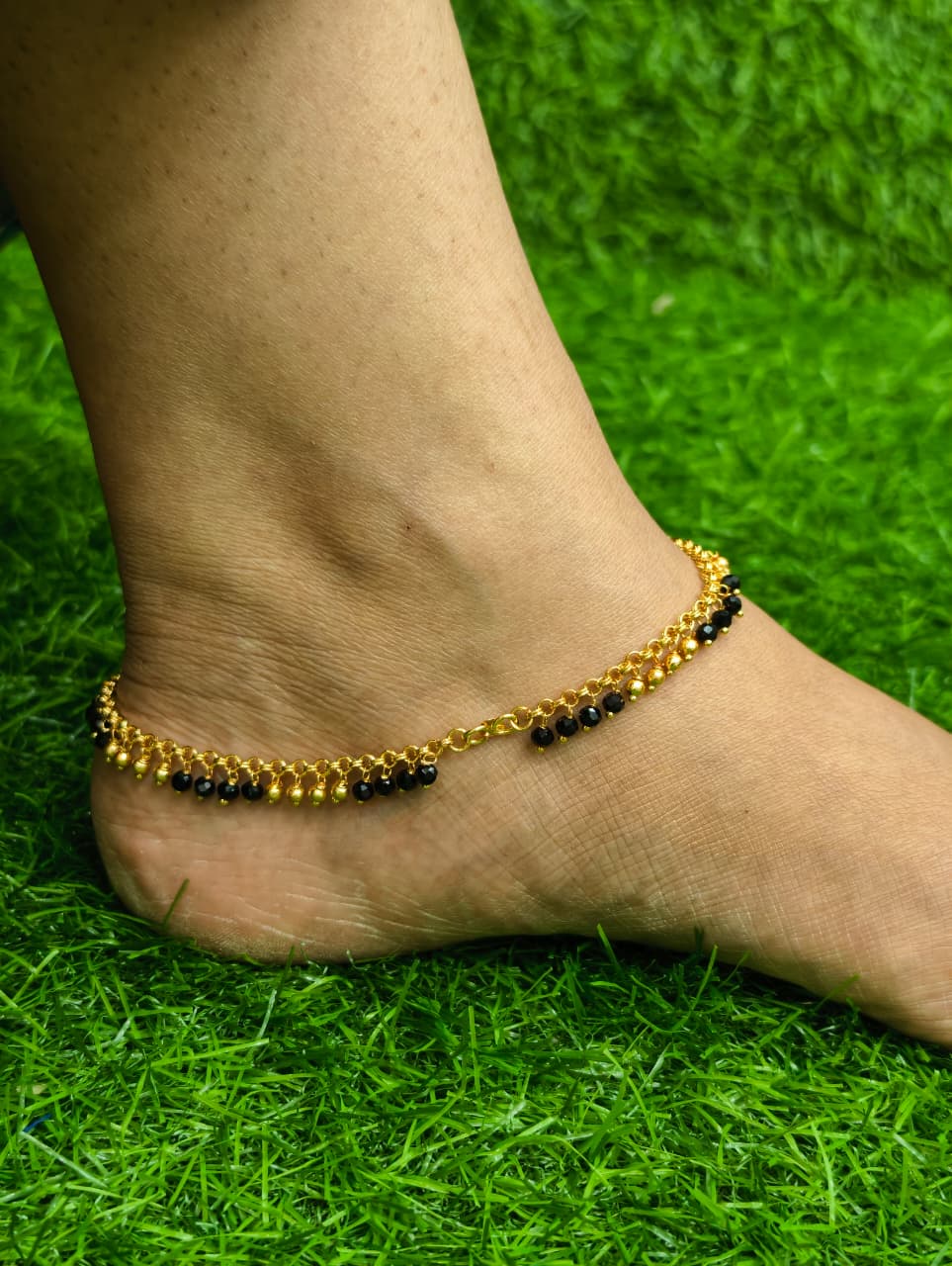 Gold plated Anklet  With Black And Golden Beads
